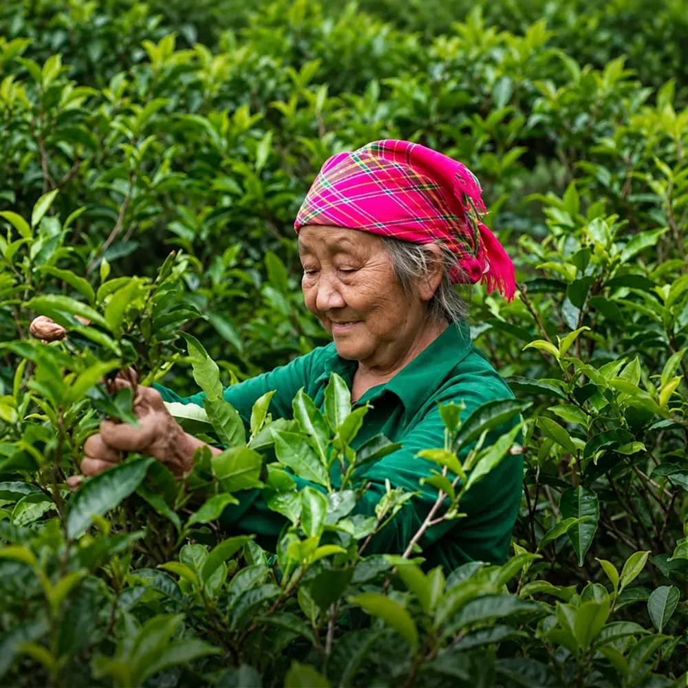 Cụ bà người vùng cao mỉm cười khi hái chè